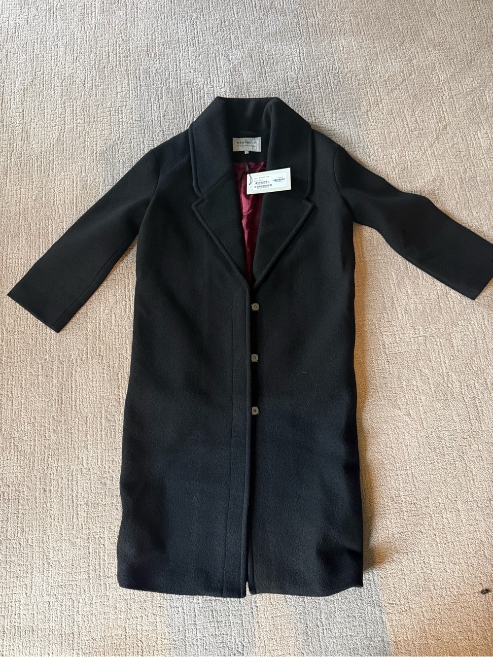 MARCELLA Black Long Wool-Blend Trench Coat with Burgundy Lining